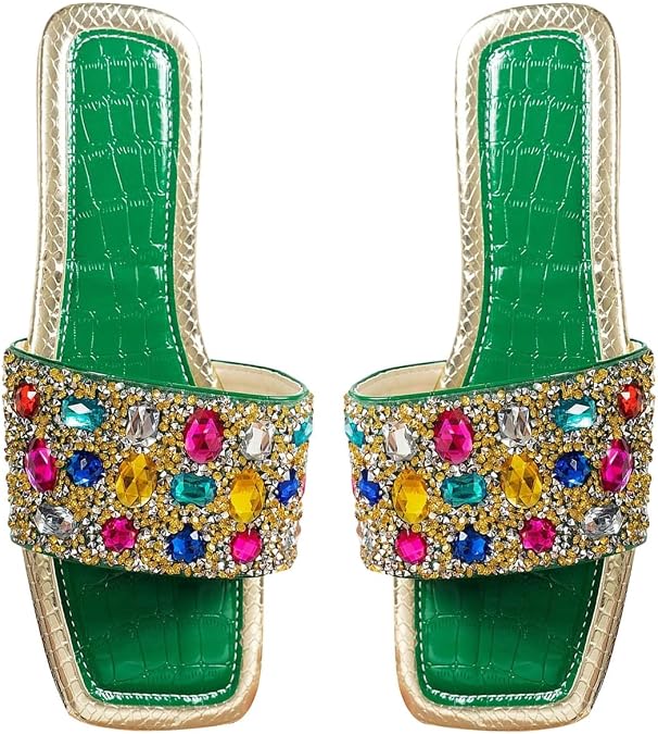 GORGLITTER Women's Rhinestone Colorful Flat Sandals Sparkly Bling Slides