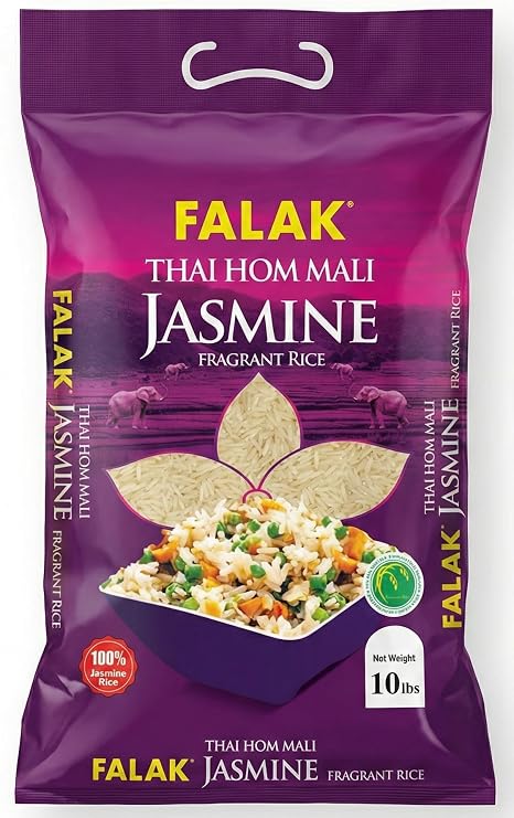 Falak Jasmine Rice 10 lbs - Thai Hom Mali Jasmine Rice - Authentic, Non-Sticky, Aromatic White Rice Grains - Gluten Free