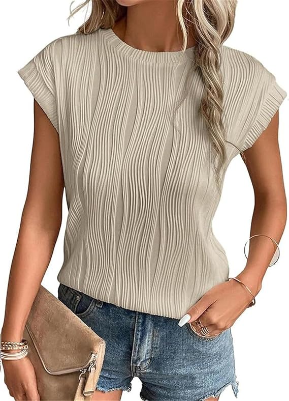 ZWRXW Womens Short Sleeve Textured Tops Summer Going Out Tops Crewneck Knit Solid Loose Casual Basic T Shirts Blouses Outfits
