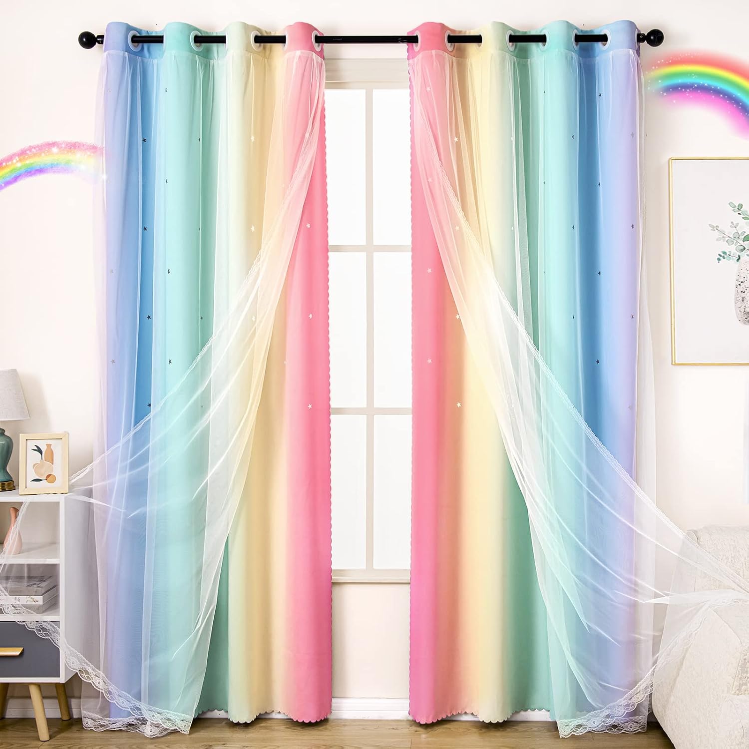UNISTAR 2 Panels Stars Blackout Curtains for Bedroom Girls Kids Baby Window Decoration Double Layer Star Cut Out Aesthetic Living Room Decor Wall Home Curtain