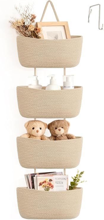 Dahey Over The Door Hanging Basket Storage 4-Tier Woven Wall Basket, Jute