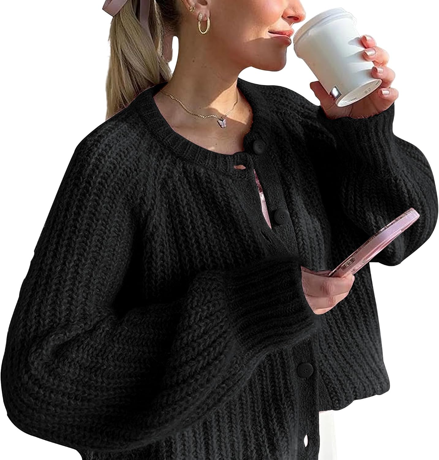 Crochet Cardigan Sweaters for Women Tops Chunky Knitted Crew Neck Long Sleeve Button Down Jackets Open Front Coat