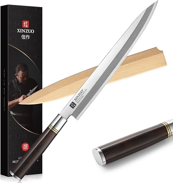 XINZUO 11 Inch Yanagiba Knife X7Cr17MoV Forged Steel, Sashimi Sushi Knife Stainless Steel, Single-edged Blade, Chef Knife for Fish Filleting,Slicing-Ebony Wood Handle-Betula Wooden Sheath
