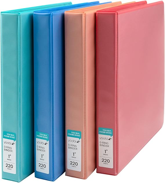 Yoobi 1 Inch Binder Set, 3 Ring Binders with Plastic Cover, 2 Pocket Sleeves and D Rings, Organizer for up to 220 Sheets of Loose Paper, 4 Pack Cute Binders, Multicolor, Office or School Supplies