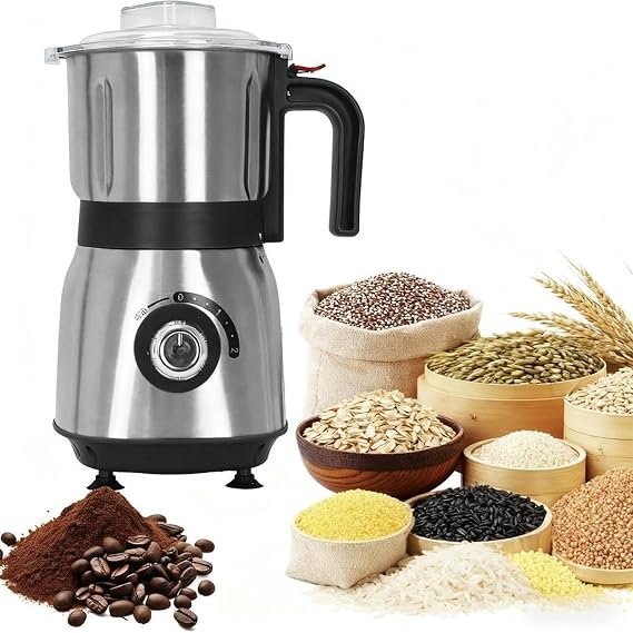 500W Electric Spice Grinder & Grain Mill with 3 Stainless Steel Blades | Versatile 500W kitchen mill easily grinds coffee beans, spices, grains, and nuts. Features 3 sharp stainless steel blades