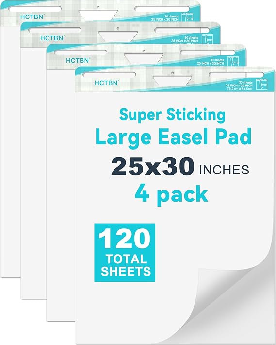 HCTBN Sticky Easel Pad, 25 in x 30 in, White, 30 Sheets/Pad, 4 Pads/Pack Large Premium Self Stick Flip Chart Paper Super Sticking Power for Offices, Classrooms, Conference Rooms, Training Centers