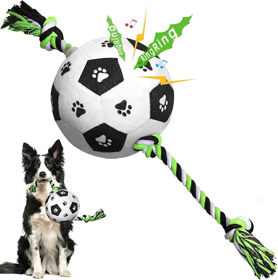 Diman Dog Toys Soccer Ball with Jingle Bell Inside & Nylon Strap, Interactive Dog Toys Puppy Birthday Dog Water Toys Durable Fetch Ball Dog Toys for Medium Large Breed (5 inch)