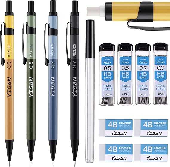 YISAN Metal Mechanical Pencil Set 0.5 & 0.7mm,Automatic Pencil, | Propelling Pencil Lead Pencils 4 PCS with Erases and HB Lead Refills for Writing,Skeching,Drawing,70733
