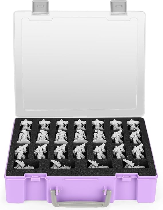 Miniature Storage Carrying Case -50 Slot Storage Case with 2 Impact-Absorbing Foam Trays for 28mm 40k, DND and More (Purple)