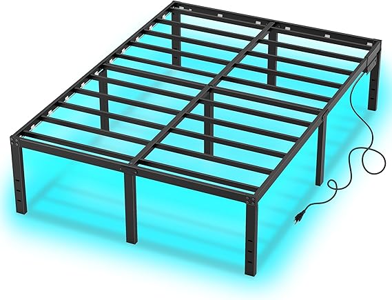Full Size Bed Frame 18 Inch Full Bed Frames LED Lights Metal Bed Frame with Storage Black Platform Bed Frame Full Size,Stable Mattress Foundation,No Box Spring Needed (18 Inch, Full)