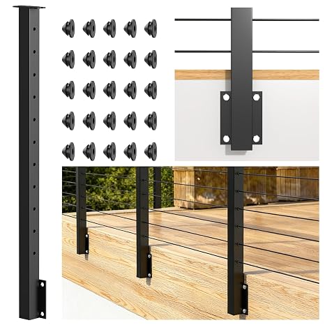 36" Side Mount Cable Railing Posts(Post Body 44"), Stainless Steel Level Drilled Fascia Mount Posts, Black Space-Saving Cable Railing Kit System for Indoor Outdoor, MY09-L