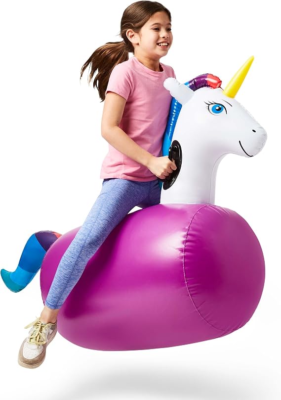Hearthsong Hop N Go Inflatable Unicorn Riding Bouncy Hopping Toys for Kids Ages 5+ Ride On Bouncer Animal Hopper Jumping Toys for Outdoor Games