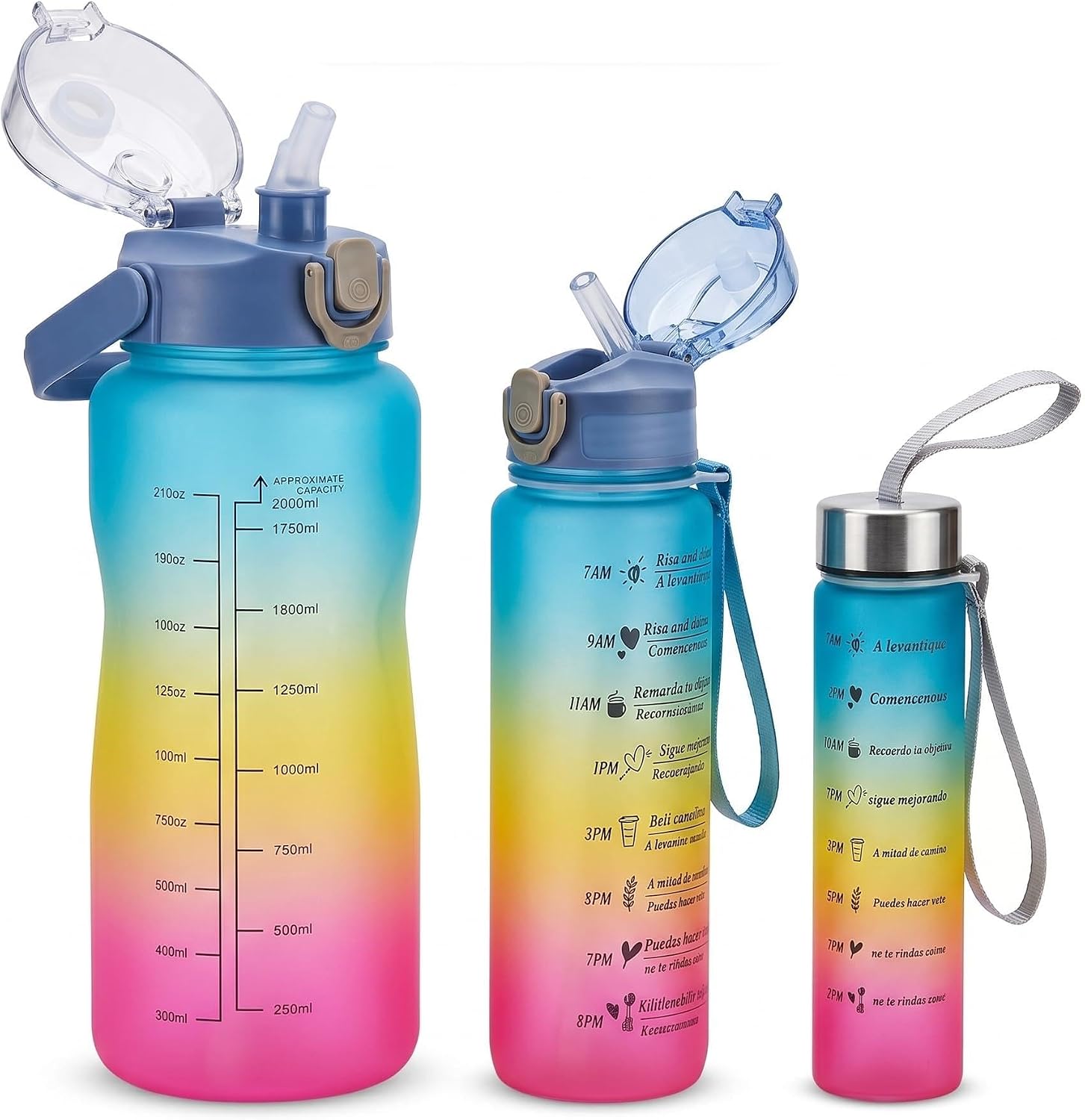 3lü Motivasyonel Matara Seti, İç İçe Geçebilir Tasarım, 2000ml, 900ml ve 300ml, Gradyan Renk Seçenekleri, Sticker ve Pipet Hediyeli Okyanus
