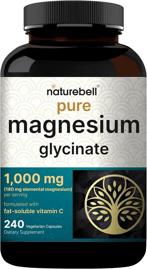 NatureBell Pure Magnesium Glycinate 1,000 mg, 240 Vegetarian Capsules | 1,000 mg Magnesium Glycinate Per Serving - Chelated Magnesium Form with Vitamin C Non-GMO, Filler Free, cGMP Manufactured