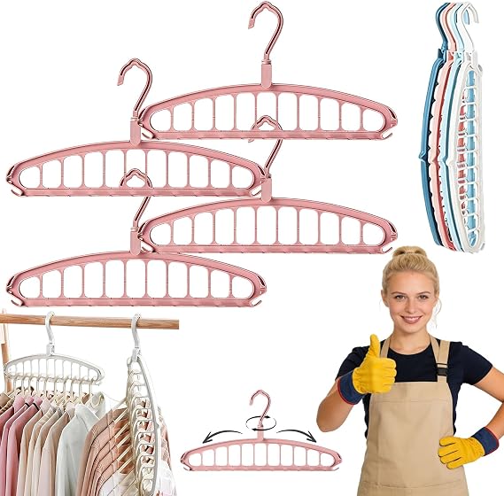 Multifunctional Foldable Clothes Hanger with 11-Hole, Space Saving Hangers, 360 Rotation Hooks, for Shirts Coats, Space Saving for Closets (Pink, 4Pcs)