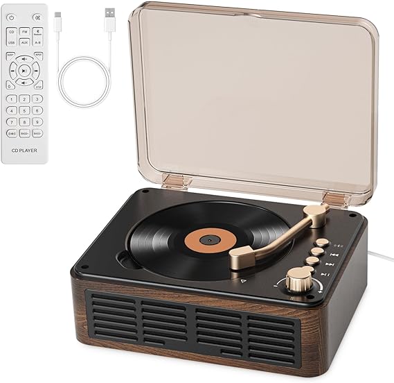 Gueray CD Player with Speakers HiFi Stereo Sound Vintage CD Player Bluetooth for Home, Retro Wood CD Players FM Radio with Remote Control, Support USB/AUX/Type-C Playback for Audio Books
