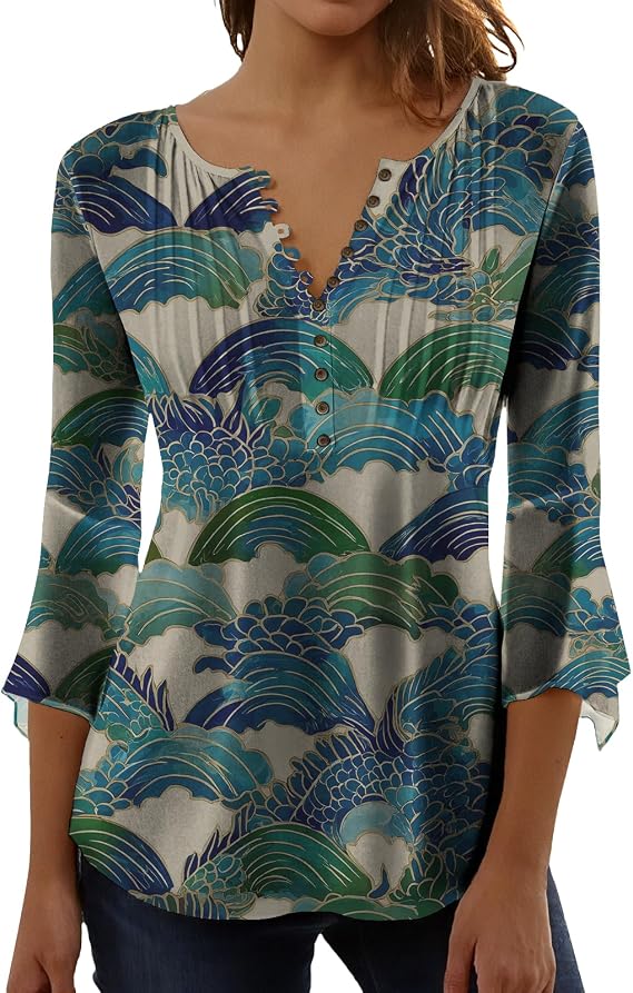Womens Tops Button Down Pleated V Neck 3/4 Length Sleeve T Shirts Trendy Boho Floral Print Casual Blouse