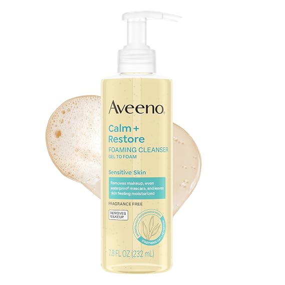 Aveeno Calm + Restore Foaming Cleanser, Fragrance-Free, 7.8 fl. oz | Foaming Cleanser for Sensitive Skin, Removes Makeup, Formulated With Soothing Oat, Feverfew & Hyaluronic Acid