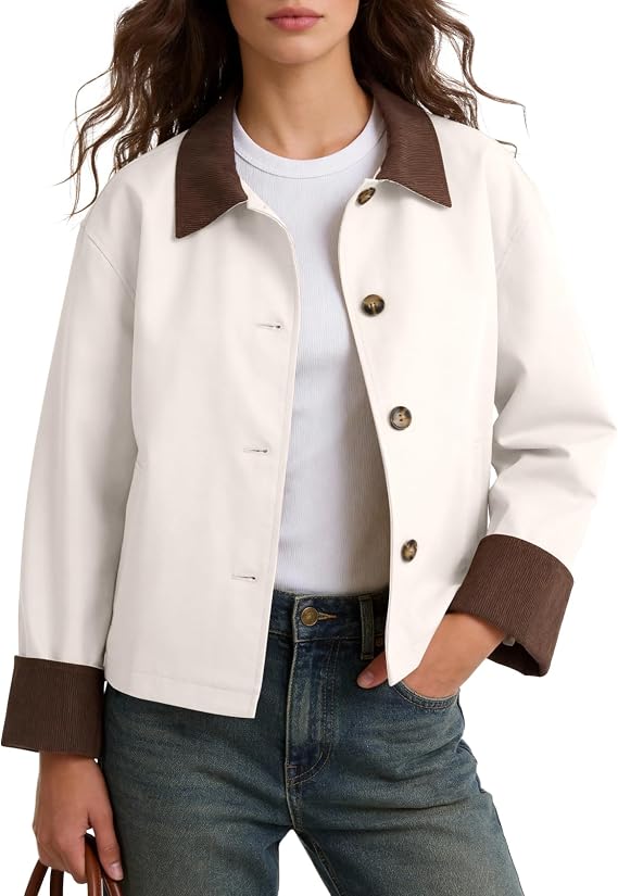 PEHMEA Women's Casual Cropped Jacket Trench Coat Contrast Collar Loose Lightweight Barn Jacket 2026 for Spring Fall