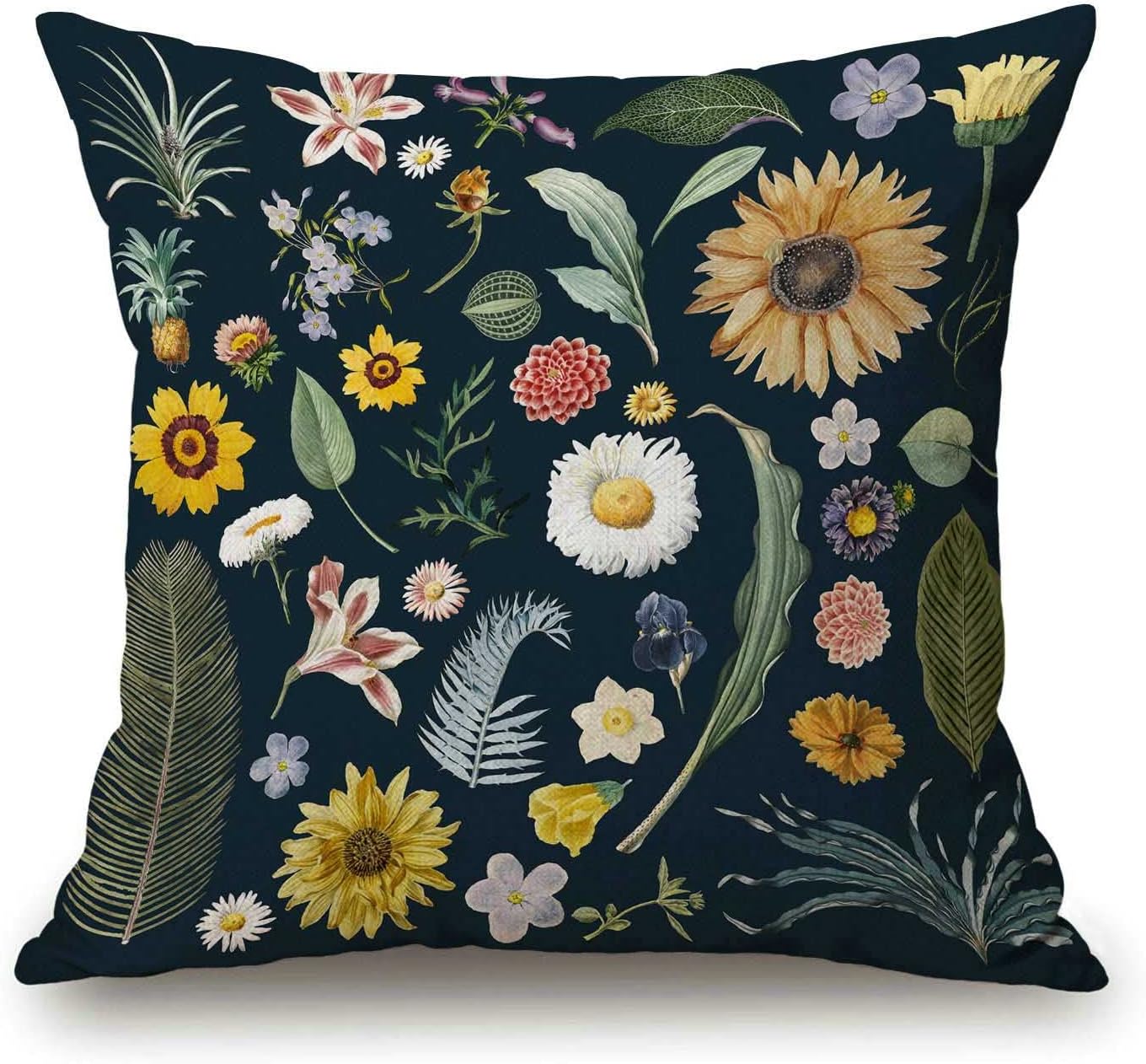 Blue Floral Farmhouse Decor Family Decoration Botanical Cotton Linen Home Decorative Throw Pillow Case Cushion Cover Floral for Sofa Couch, 18 x 18 in