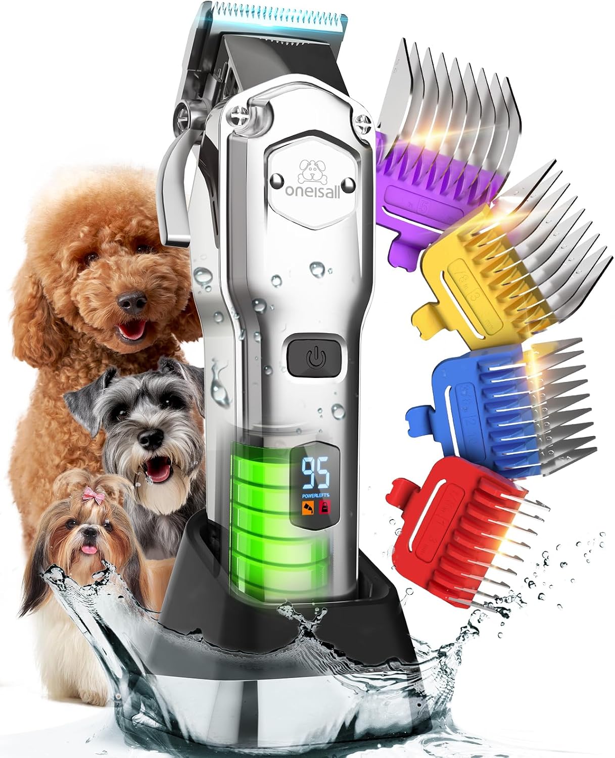 oneisall Cordless Dog Clippers - Rechargeable Grooming Kit with Metal Combs, Low Noise Heavy-Duty for ThickCurlyFineWavy Hair
