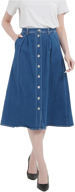 Tronjori Womens A Line Long Midi Denim Skirt with Button Front