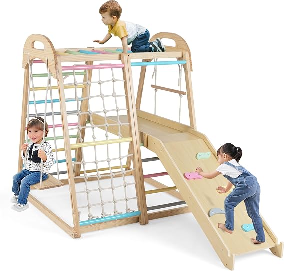 COSTWAY Indoor Climbing Frame for Toddlers, 8 in 1 Wooden Jungle Gym with Double-sided Ramp, Monkey Bar, Swing, Rope Ladder, Climbing Ladder & Net (Multicolor)