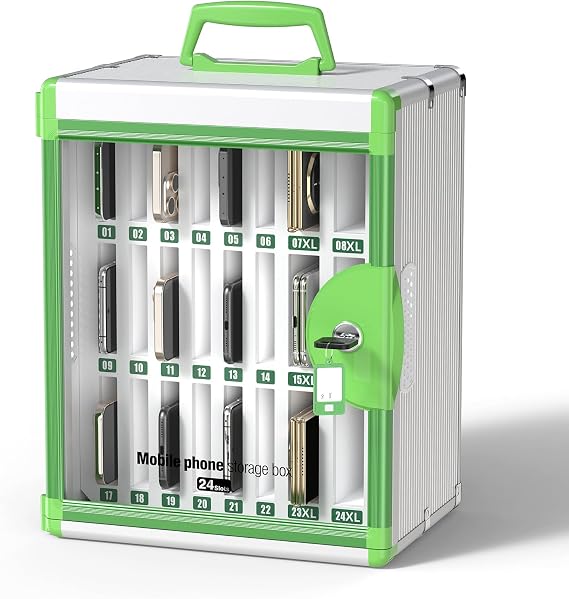 Glosen 24 Slots Cell Phone Storage Locker for Classroom, Portable Phone Locker with Key Lock & Handle, Wall Mounted Phone Lock Box for Office & School, Fits Most Smartphones (Green)