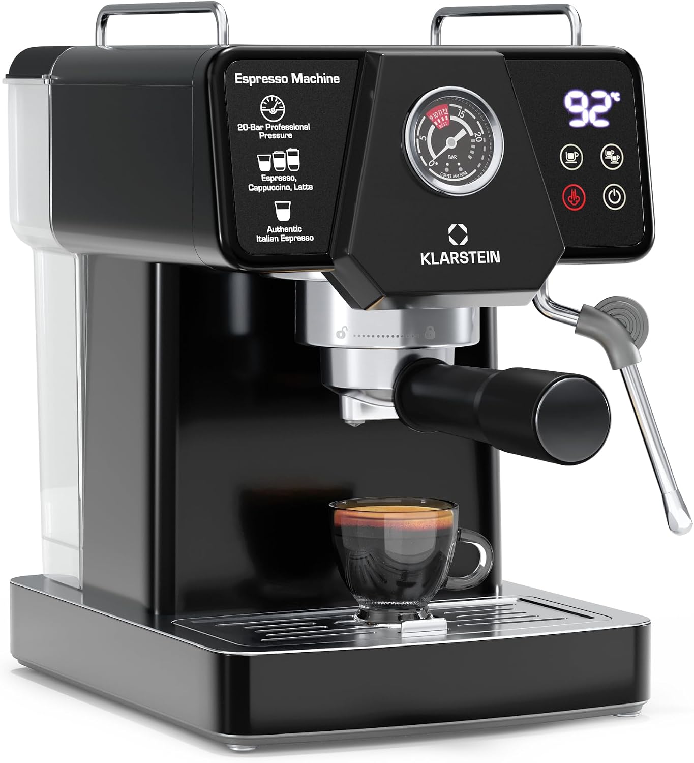 KLARSTEIN Libeica Espresso Machine – 19-Bar, 1350W, Stainless Steel, Milk Frother, 1.8L Water Tank, Touch Control, Espresso & Coffee Powder Compatible