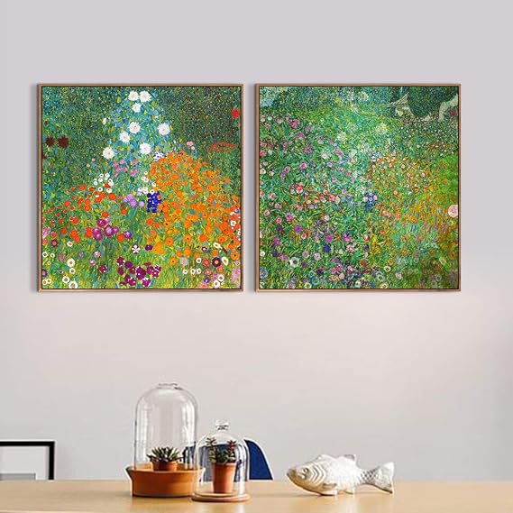 INVIN ART Combo Painting 2 Pieces Framed Canvas Giclee Print Art Series#5 by Gustav Klimt Wall Art Living Room Home Office Decorations(Wood Color Slim Frame,24"x24"Each Piece)