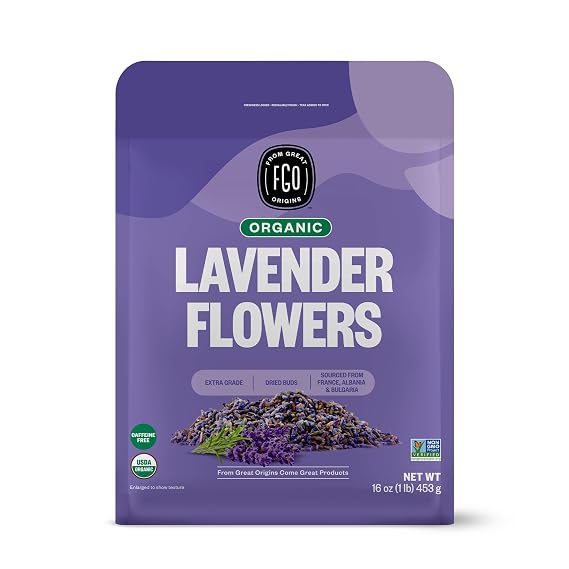 FGO Organic Dried Lavender Flowers, Extra Grade Dried Buds, Imported From France for Culinary or Sachet Bags, 16oz Bulk, Packaging May Vary (Pack of 1)