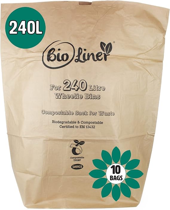 240 Litre x 10 Paper Compostable Wheelie Bin Liners - Biodegradable Sacks/Liners - Bioliner Eco Sack Bags with All-Green Composting Guide