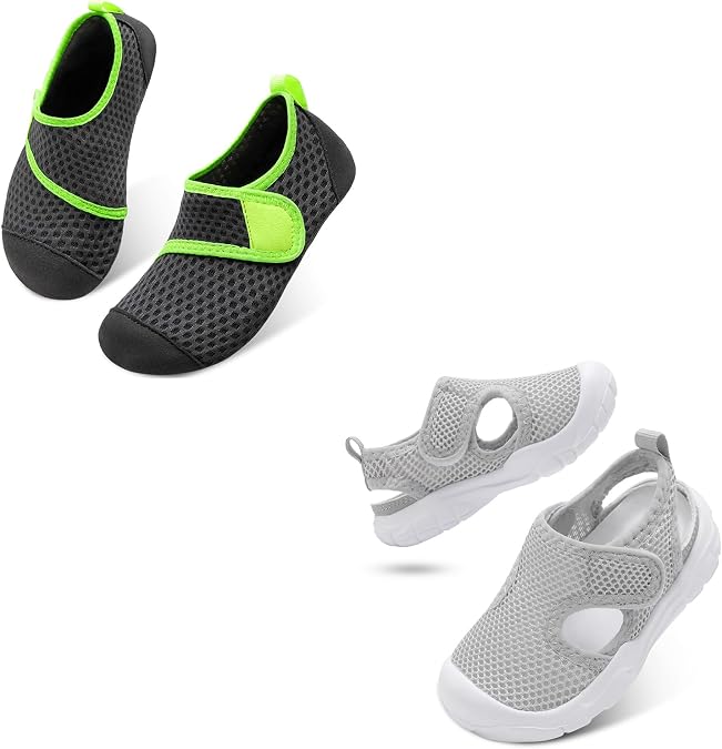 Toddler Water Shoes for Boys Girls Swim Beach Kids Aqua Socks Set of 2 Pairs Size 6-7 Toddler Graygreen Lightgrey