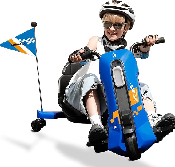 ELEMARA Electric Go Kart for Kids with Stepless Speed,12V Drift Kart with Adjustable Seat,5 MPH Go Cart Electric with Pennant, Kids Ride On Toy with LED Lights,Music,Bluetooth,for Kid Age 6+, Blue