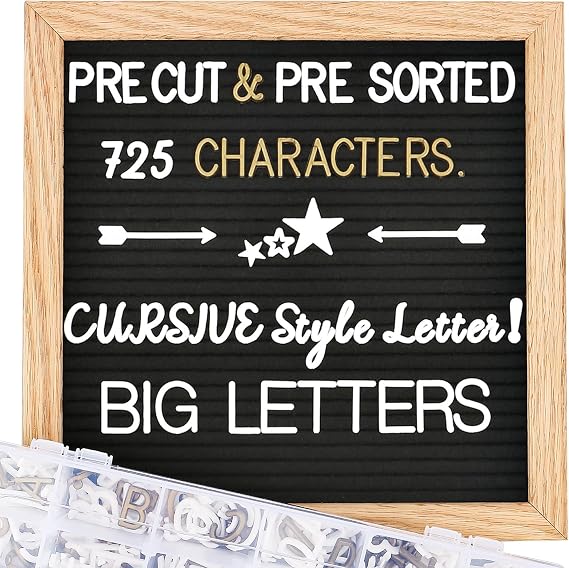 Felt Letter Board with Letters, Pre Cut & Sorted 725 Letters, First Day of School Board, Baby Announcement Sign, Pregnancy Announcement, Custom Signs & Wood Stand, 10x10in Message Board, Classroom Decor Sign Board