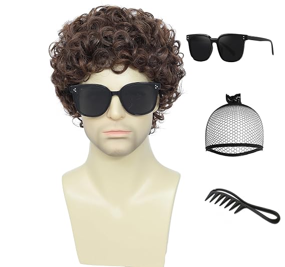 Adequate Mens Short Afro Curly Wig for Male,70s 80s Disco Guy Rocker wigs,Halloween Cosplay Fancy Wigs for Daily Party Costume (Brown)
