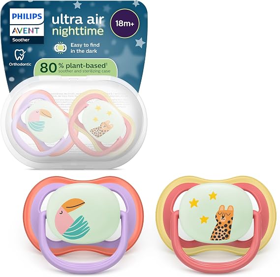 Philips Avent Ultra Air Nighttime Soothers - Orthodontic Design, for Babies 18 Months+, Glow in The Dark, Extra-Firm Silicone Symmetrical Teat, BPA-Free, with Sterilizing Case, 2 Pack, SCF376/33