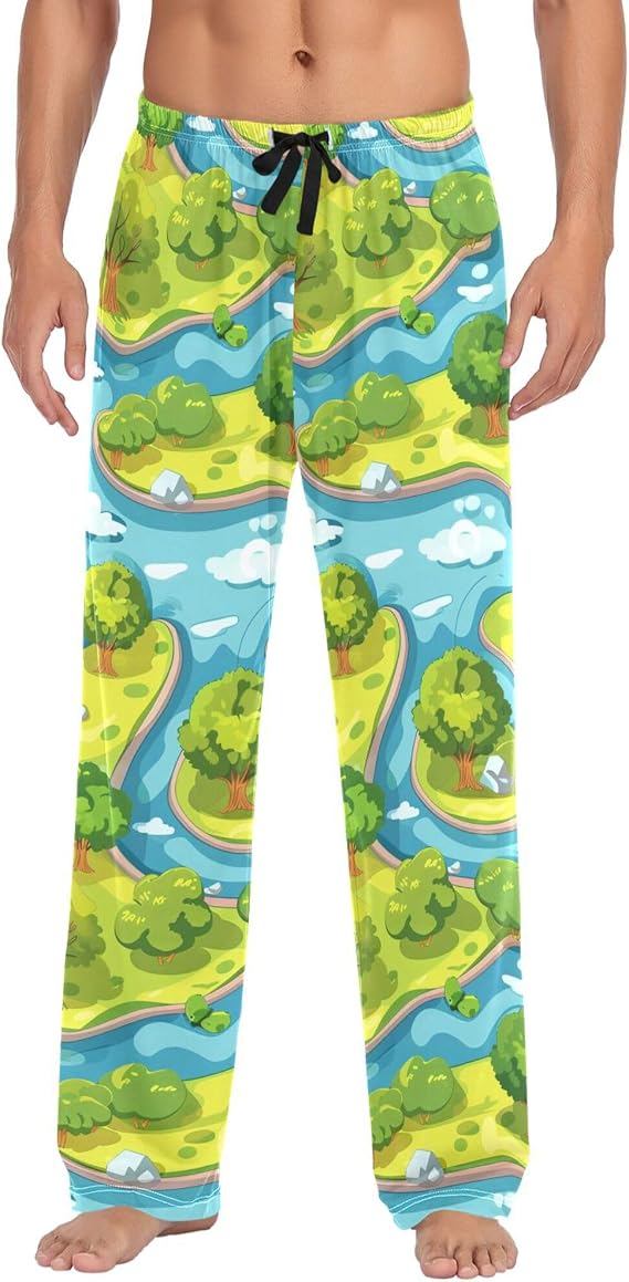 Men's Pajama Bottom Island River Landscape Pattern Cotton Pajama Pants Drawstring Sleepwear Long Pants Pockets