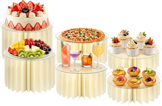 6-Pack Foldable Multi-Height Buffet Risers, White Cardboard Cylinder Stands with Acrylic Plates, Food Buffet Dessert Cake Risers for Wedding Cakes, Dessert Tables, Charcuterie Displays