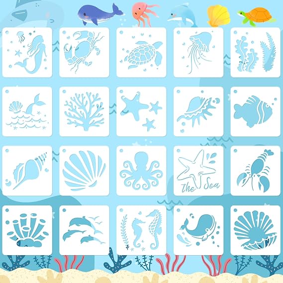 JULMELON 20 Pcs Summer Beach Stencils for Painting Ocean Sea Creatures | PET Plastic, Stencils for Rock Painting, Beach Stencils for Painting, Wood Wall Home Decor, 3 Inch Reusable Templates