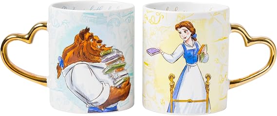 Silver Buffalo Disney Beauty and the Beast, 2 Pack Ceramic Mug Set, 14oz | Princess, Don't Mind the Books Gold, Includes Heart Shaped Handle, 0.4 Liters
