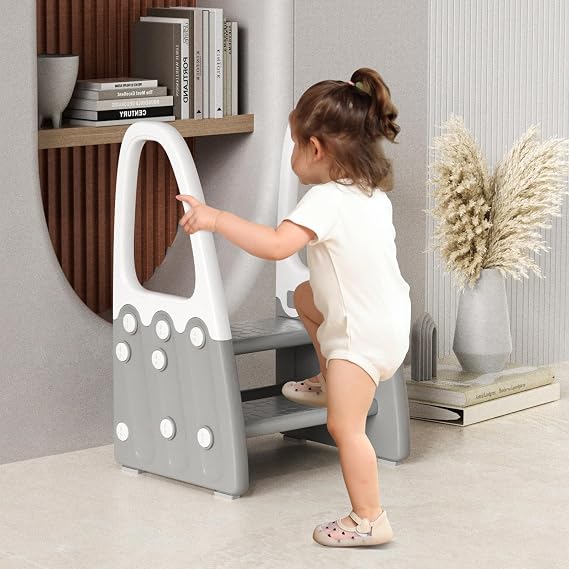 Toddler Step Stool, Kids Two Step Tower for Bathroom Sink, Toilet Potty Training, Kitchen Counter, Children Step Up Learning Helper with Safety Handles and Non-Slip Pads,Gray