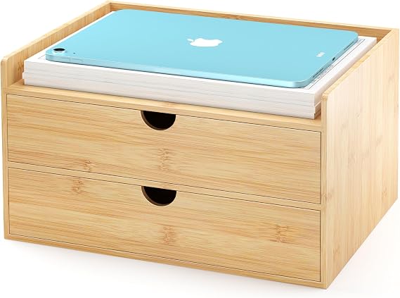 Bamboo Desk Drawer Organizer, Large Desktop Organizer with Drawers Tabletop Storage Organization Box for Office Home Toiletries Supplies Vanity, No Assembly Required (2 Drawer with Shelf)