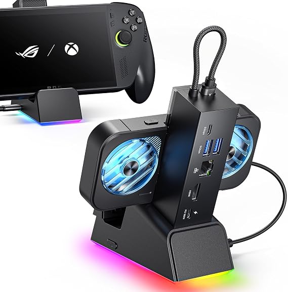 JSAUX Docking Station for ROG Ally X/ROG Ally/Steam Deck/Legion Go, 7-in-1 Dock for ROG Ally X with RGB Cooling Fan, HDMI 4K@120Hz, Gigabit Ethernet, Dual USB & USB C 3.0, 100W PD Charging - HB0705