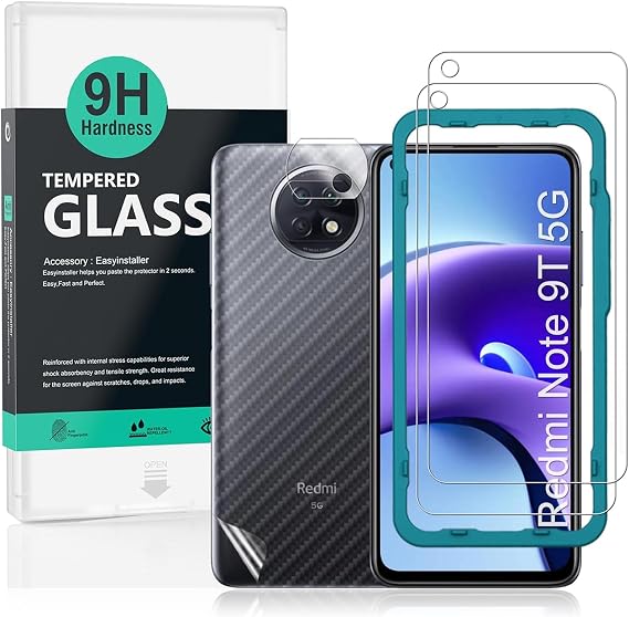 Ibywind Screen Protector (2 Pack) For Redmi Note 9T(5G),9H Hardness Tempered Glass,With 1Pc Camera Lens Protector,1Pc Back Protector,Easy to Install