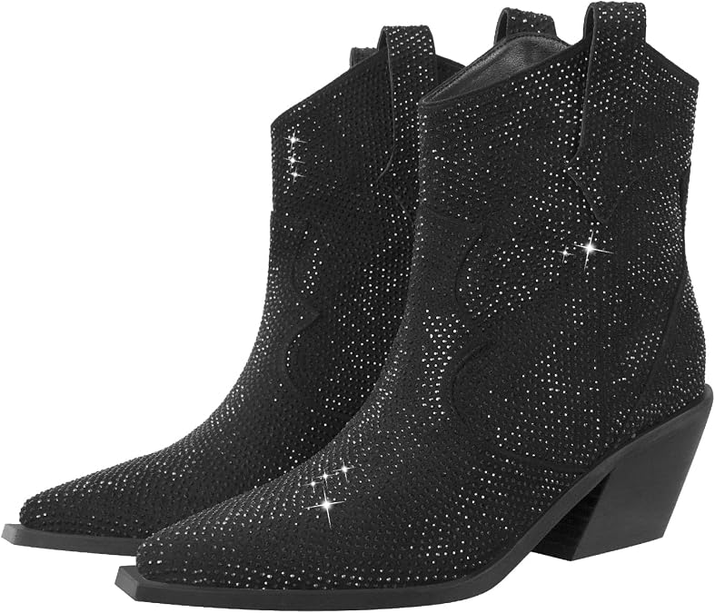 Women's Rhinestone Cowboy Ankle Booties Pointed Toe Studded Pull On Chunky Stacked Heel Cowgirl Western Boots