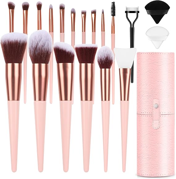 LUXBRU Makeup Brushes, 20PCs Makeup Brush Set with Foundation Eyebrow Blending Concealer Blush Eyeshadow Contour Lash Powder Brush, Make Up Brushes Kit with Organizer Travel Case & 2 Powder Puff-Pink