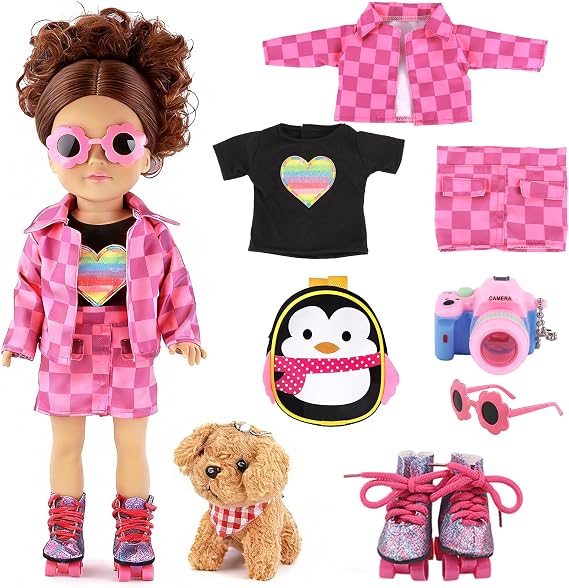 American 18 Inch Doll Clothes & Accessories Set Includes Pink Plaid Coat, Heart T-Shirt, Skating Shoes, Pet Dog, Penguin Backpack, Camera, Glasses & More Perfect for 18" Dolls (No Doll)