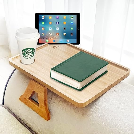 X-Large Bamboo Couch Tray Table,Armrest Table with Cup Holder,Phone Holder,Portable Table Sofa Armrest Clip Tray for Coffee,Drink Snacks, Remote Controllers, Food Trays for Eating On Couch