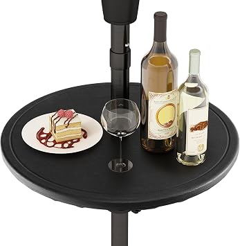 Tangkula 20 Outdoor Adjustable Umbrella Table, Round Umbrella Table Tray w/ 1.5 Umbrella Hole, Faux Wood Grain, Portable Round Table Top for Backyard, Poolside, Beach, Garden, Patio